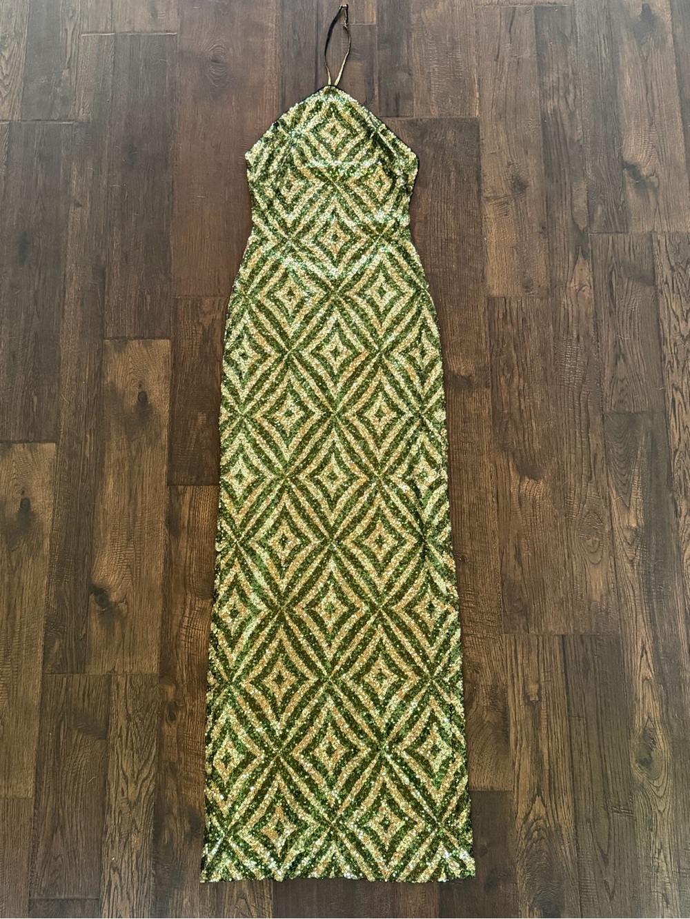 Camila Coelho Green Geometric Sequin Backless Halter Maxi Dress